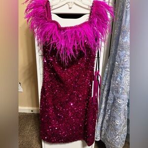 Elegant Fuchsia Feathered Sequin Prom Dress